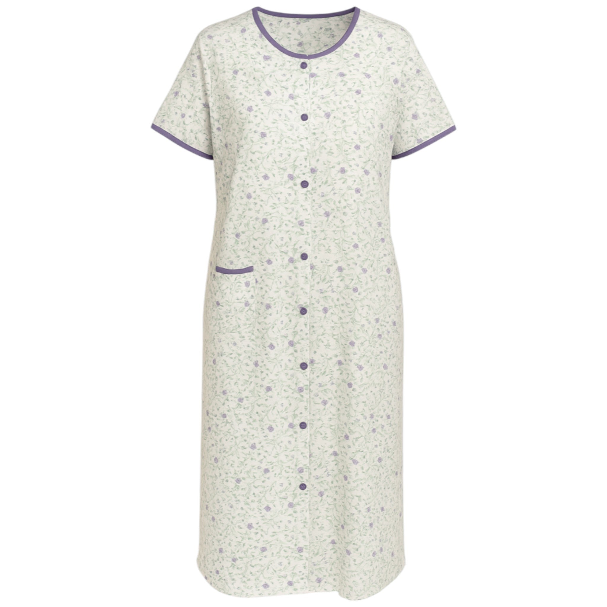 Ladies floral vine button front nightdress – short sleeve, lightweight cotton nightie with purple trim and front pocket, comfortable sleepwear